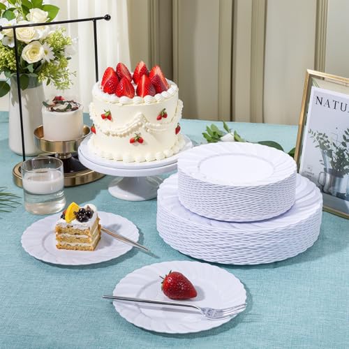 White Plastic Plates for Party Set - Scalloped Edges, 60 Pcs, Dinner & Dessert