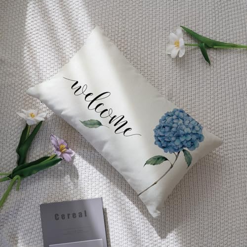 Watercolor Hydrangea Welcome Throw Pillow Cover - 12x20 Inch Floral Cushion Case