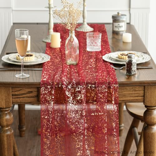28 x 120 Inch Red Gold Gauze Table Runner 3pcs Glitter Metallic Sheer Holiday Decor