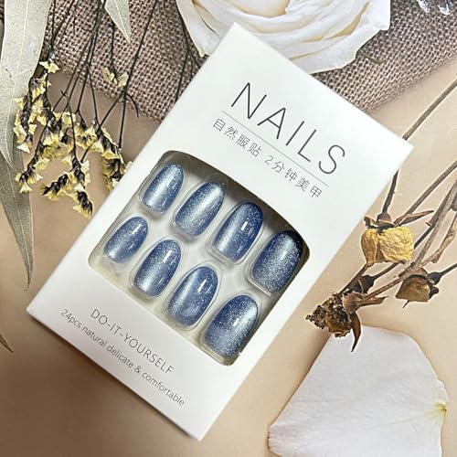 Blue Press on Nails Medium Oval Solid Color Glossy False Nails 24Pcs