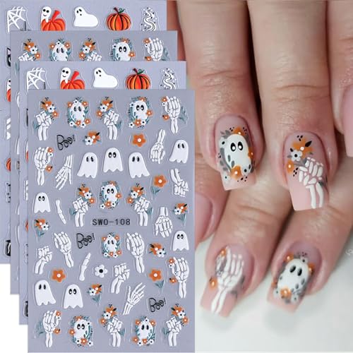 5D Embossed Halloween Nail Stickers Ghost Black Cat Nail Decals 4 Sheets