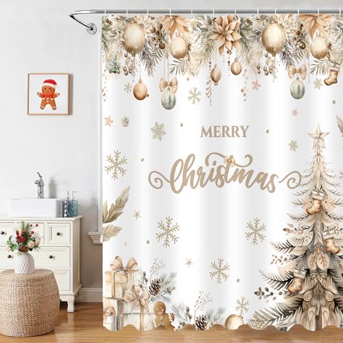 White and Gold Merry Christmas Shower Curtain 72x72 Inch with Hooks