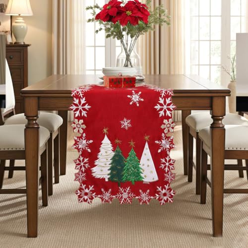 Christmas Tree Table Runner 13x48 Inch Red Embroidered Snowflakes Holiday Decor