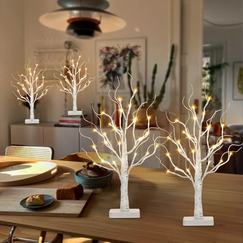Lighted Birch Tree Decor - 22 Inch White Tabletop Tree with Timer & Battery Powered
