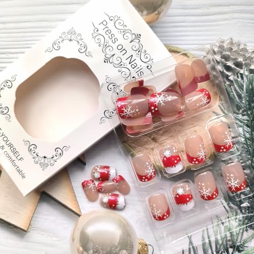Christmas French Tip Press on Nails Short Square False Nails Red White