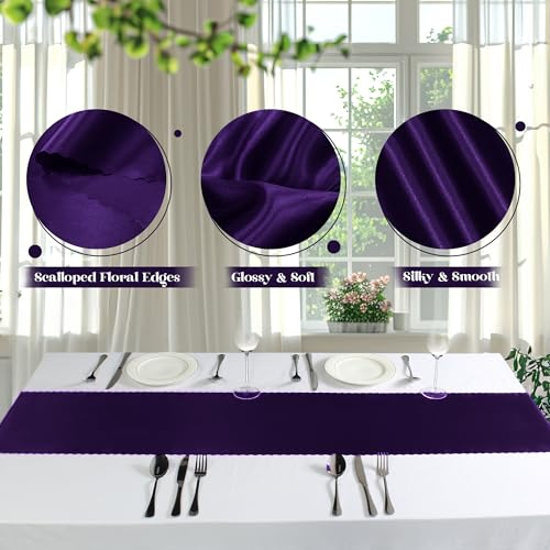 Purple Satin Table Runners 12x72 Inch - 2 Pack with Scalloped Edge