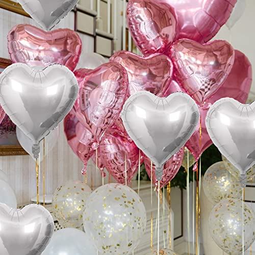 Larber 20PCS 18" Pink & Silver Heart Foil Balloons for Party Decor