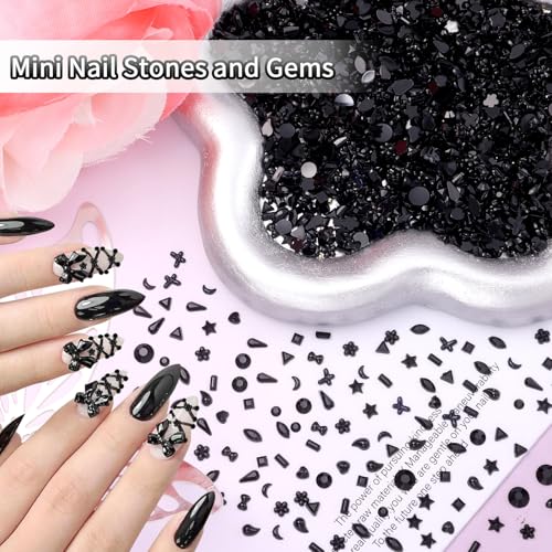 Black Nail Rhinestones 3000 Pcs Multi Shapes 3D Nail Gems Charms