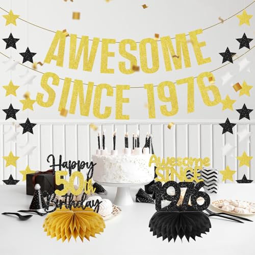 Black Gold 50th Birthday Banner Decorations for Men Women - Since 1976