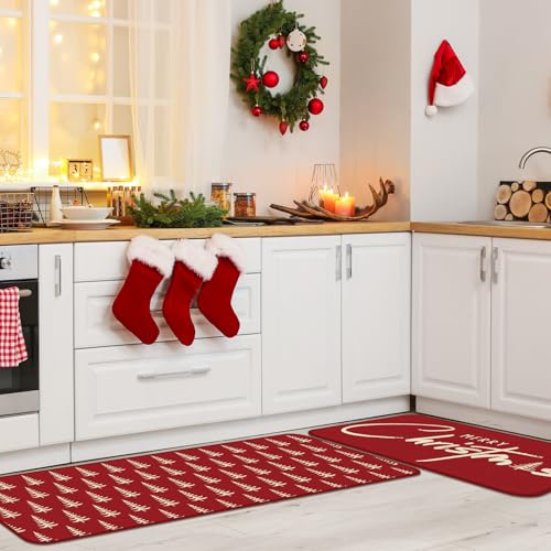 Christmas Tree Kitchen Rugs Set - Pinecone Snowman Snowflake Non Slip Mat, 3 Sizes