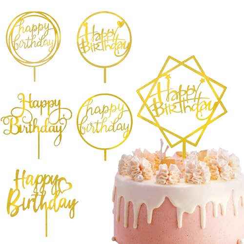 6PCS Gold Mirror Acrylic Happy Birthday Cake Toppers Set