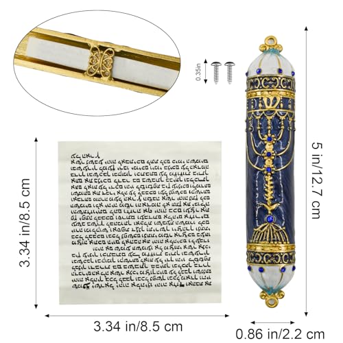 Blue Mezuzah with Scroll for Door - Zinc Alloy & Enamel, 5 x 0.86 in