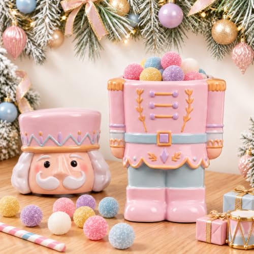 Pink Christmas Nutcracker Cookie Jar - 12 Inch Ceramic Holiday Storage Container