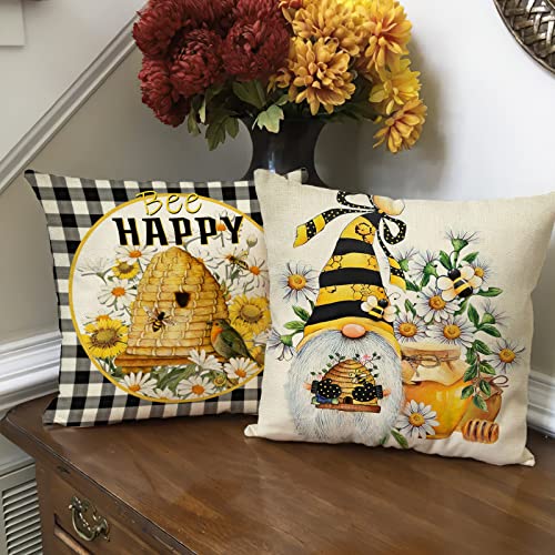 Bumble Bee Gnome Decorative Throw Pillow Covers 18x18 (Set of 4)