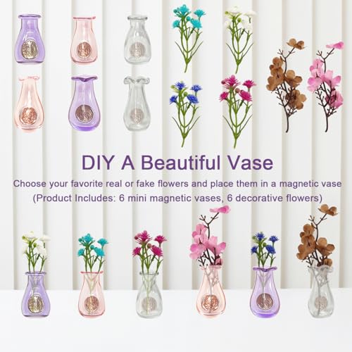 Frayot 6Pcs Mini Vase Magnets for Fridge - Purple, Pink & Clear 3D Decor