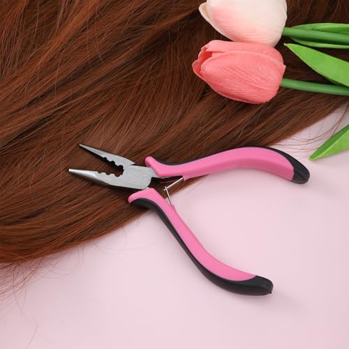 Hair Extension Pliers 3-Hole Mini Tool for Micro and Nano Rings Pink