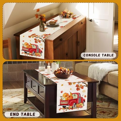 Fall Linen Table Runner 13x54 Inches - Autumn Pumpkin & Maple Leaf Design