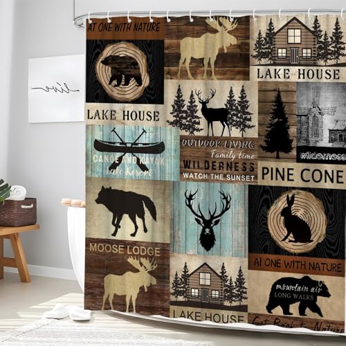 Rustic Cabin Shower Curtain 70" x 70" - Bear & Deer Design for Bathroom