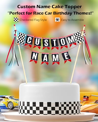 Custom Race Car Cake Topper – Personalized Checkered Flag Party Decor