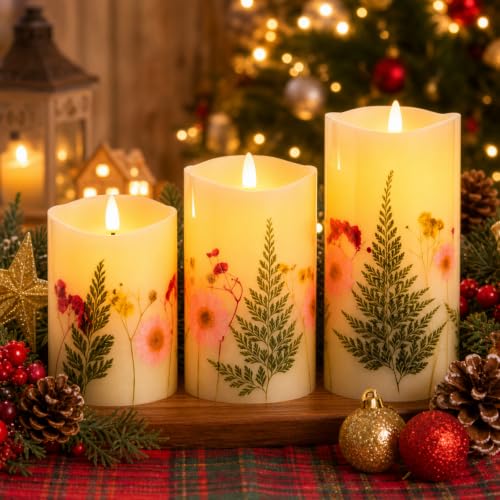 Flameless Christmas Candles Set of 3 with Pine Botanical Design & Remote Timer