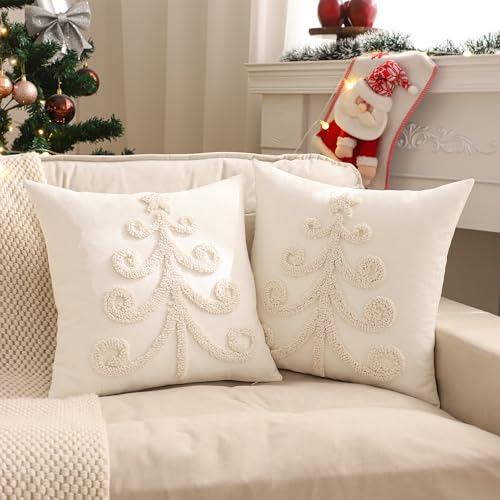 Christmas Tree 3 Set of 2 Farmhouse 18x18 Inch Decorative Pillow Covers for Holiday Couch Sofa Bed