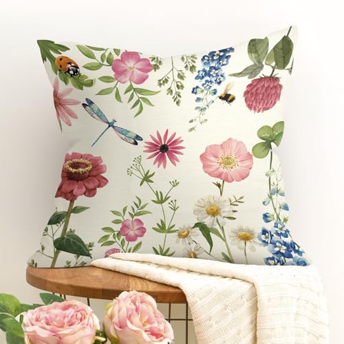 Joymaison Flower-03 Red Floral Butterfly Throw Pillow Covers Set of 4 18x18