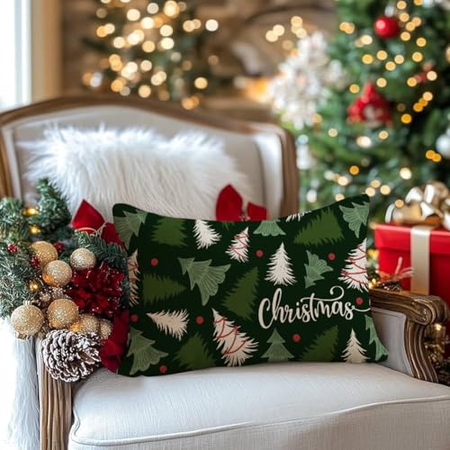 RABUSOFA Green Christmas Tree Lumbar Pillow Cover, 12x20 Inch Holiday Decor