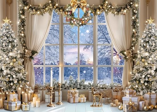 Christmas Window Backdrop White Winter Snow Forest Scene 7x5FT Xmas Photography Background Holiday Party Decor