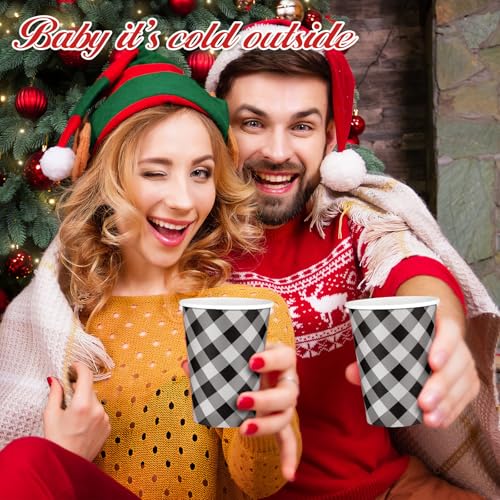 Christmas Buffalo Plaid Coffee Cups Set 16 oz - Black & White with Lids, Sleeves & Straws