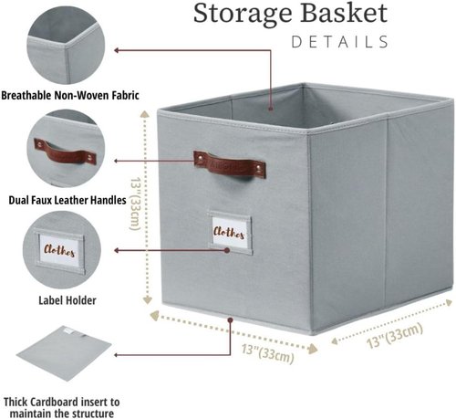 DECOMOMO Storage Cubes - 13x13x13 Fabric Organizer Bins with Labels | Set of 6 in Grey
