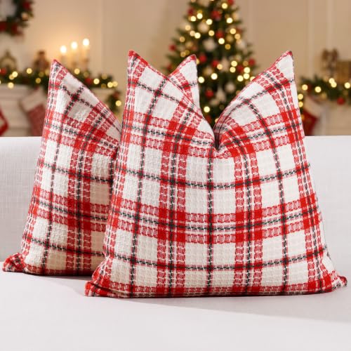 Red Plaid Waffle Textured Christmas Pillow Covers 22x22 - Pack of 2