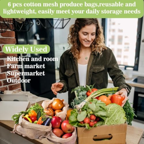 MAQIHAN Reusable Cotton Mesh Produce Bags - 6 Pack for Fruits & Veggies