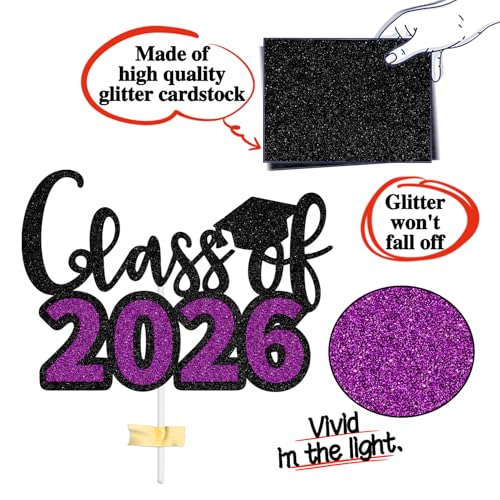 Class of 2026 Graduation Cake Topper - Black & Purple Glitter