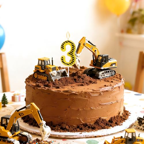 Construction Birthday Candle Number 3 - Black & Yellow Stripe Cake Topper