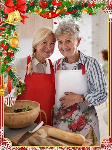 Christmas Aprons for Women with Pockets - Red & White Holiday Kitchen Wear - 4 Pack