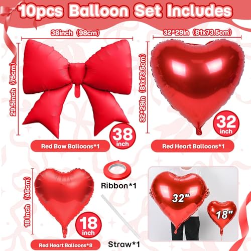 KYGNE 10Pcs Red Heart & Bow Foil Balloon Set for Parties
