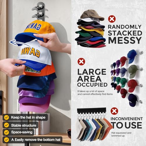 Hatisan Hat Organizer for Wall - 2 Pack Black Baseball Cap Rack Holds 20 Hats