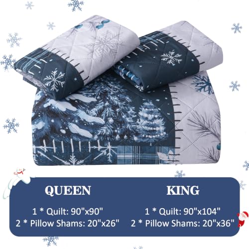 King Size Reversible Christmas Quilts Set with Holiday Tree & Holly Berry - Blue, 3 Piece