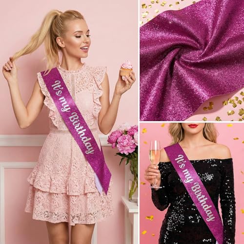 Glitter Purple Birthday Sash for Women with Pearl Pin