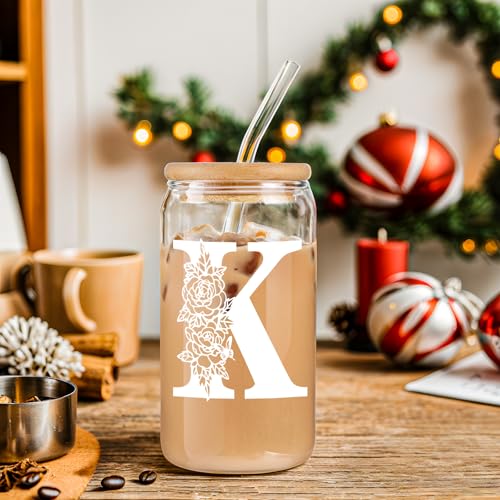 Personalized Initial Glass Cup with Lid & Straw - Ideal Gift for Women