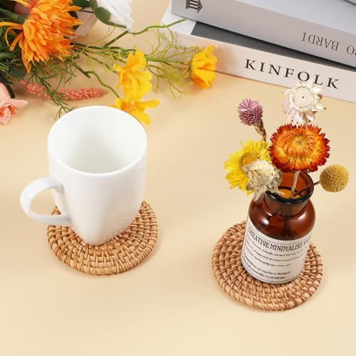 Oruola Natural Rattan Woven Coasters - Set of 2, 3.93 Inch Boho Drink Coasters for Hot Beverages