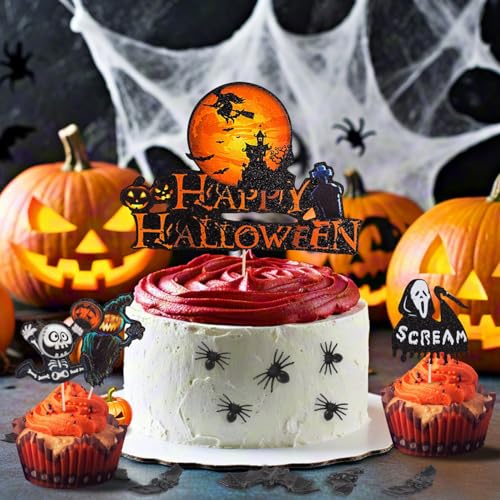 VEYLIN 21Pcs Halloween Cupcake Toppers Castle Ghost Cake Decorations