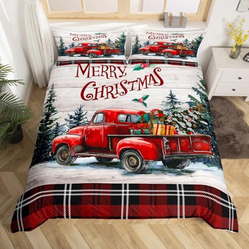 Christmas King Size Duvet Cover Set with Truck & Checkered Design - Rustic Holiday Bedding 3Pcs