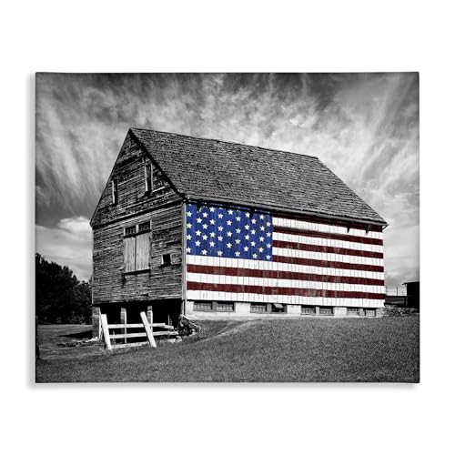 Stupell Industries sca-148-Wall-Art Black and White Farmhouse Barn American Flag, Wall Art, 16 in x 20 in, Design by Artist James Mcloughlin, Gallery Wrapped Canvas