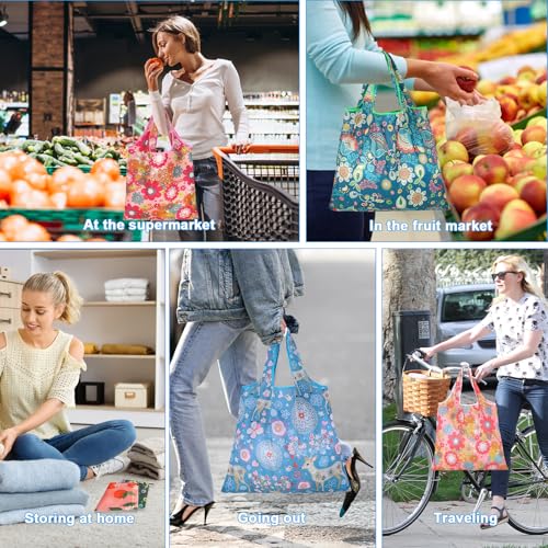 Reusable Grocery Bags - 6 Eco-Friendly Foldable Tote Bags with Flower Patterns