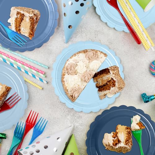 WNINK 48 Pcs Gradient Blue Disposable Paper Plates - 7" Scalloped Dessert Plates for Parties