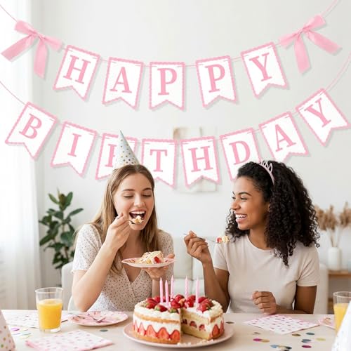 Pink Happy Birthday Banner with Bows | Party Decoration Set