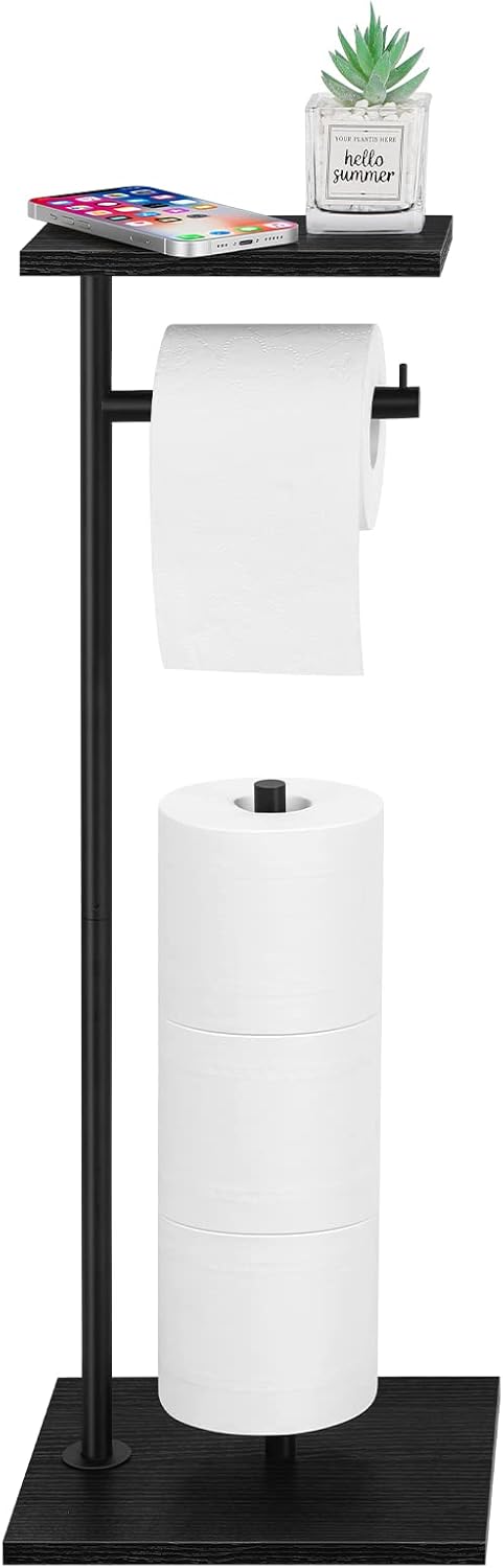 Skiennix Free Standing Toilet Paper Holder - Stylish Black Bathroom Stand with Storage Shelf for Mega Rolls