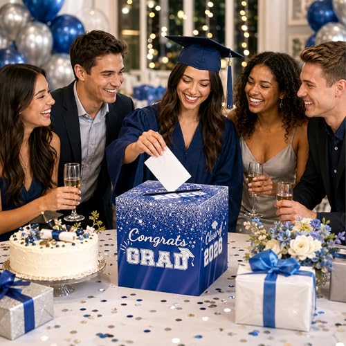 Blue Silver Graduation Card Box - 2026 Glitter Party Decor 8.7"