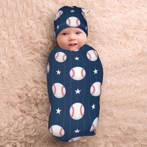 Lcokin Baseball Print Baby Swaddle Blanket and Newborn Hat Set (0-6 Months)